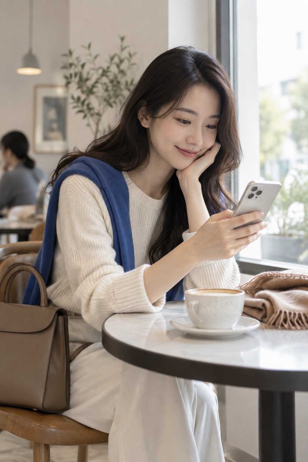顾客在咖啡店用手机浏览服装商品