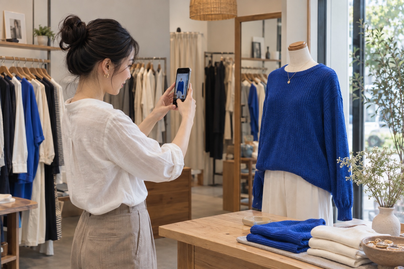 服装店主用手机拍摄蓝色针织商品