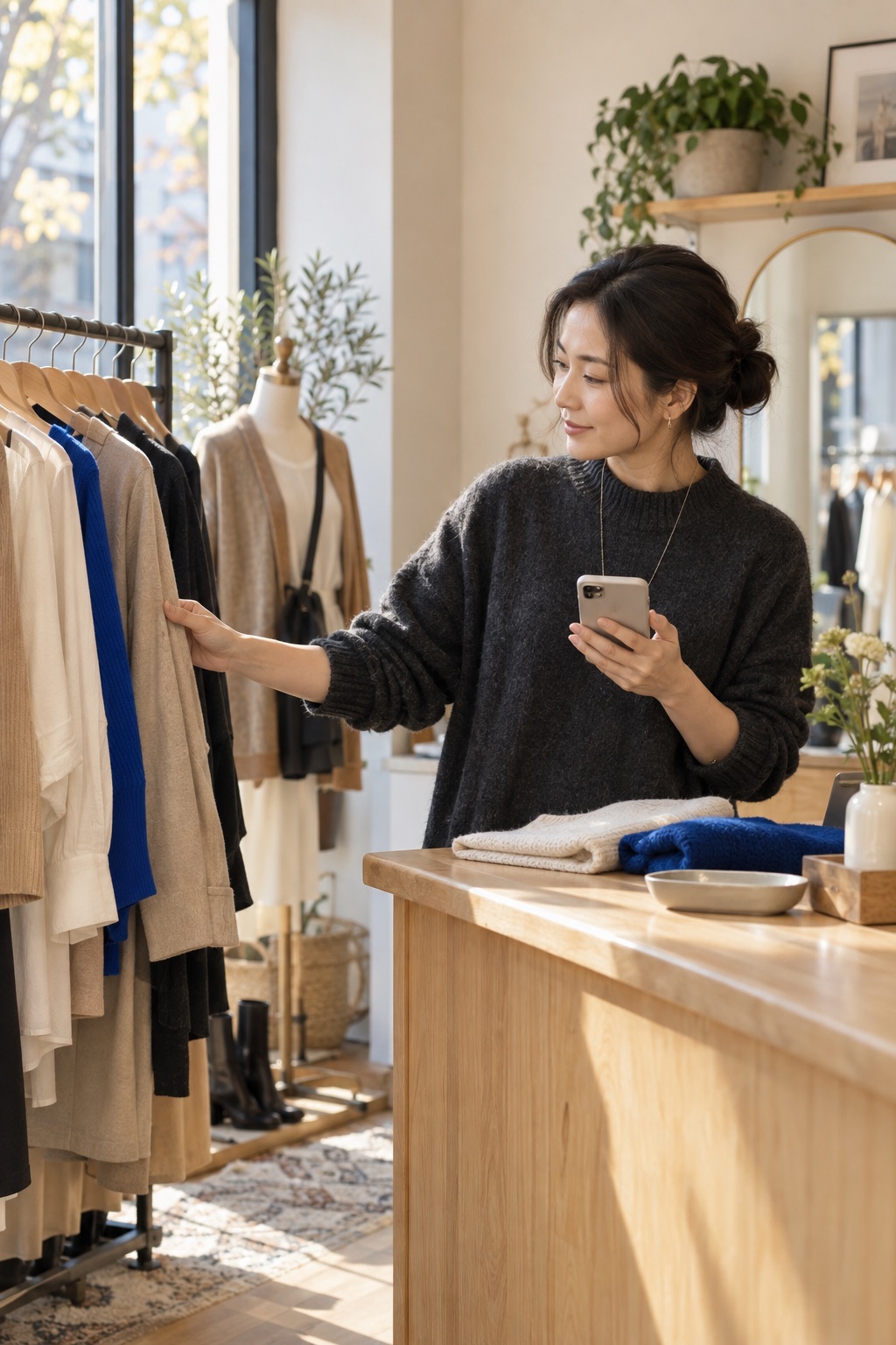 服装店主查看手机并挑选顾客感兴趣的商品